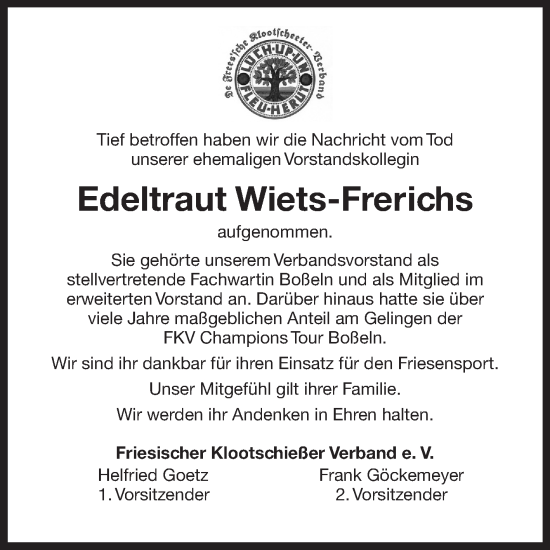 Traueranzeige von Edeltraut Wiets-Frerichs von Ostfriesischer Kurier