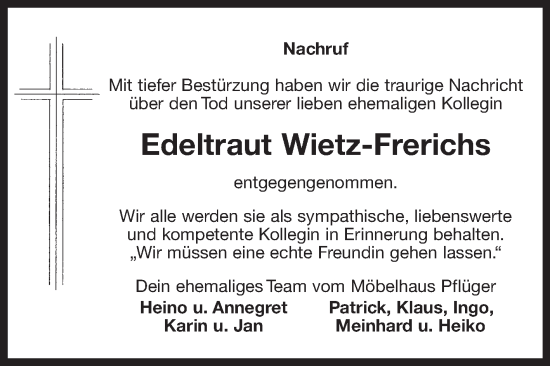 Traueranzeige von Edeltraut Wietz-Frerichs von Ostfriesischer Kurier