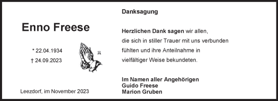 Traueranzeige von Enno Freese von Ostfriesischer Kurier