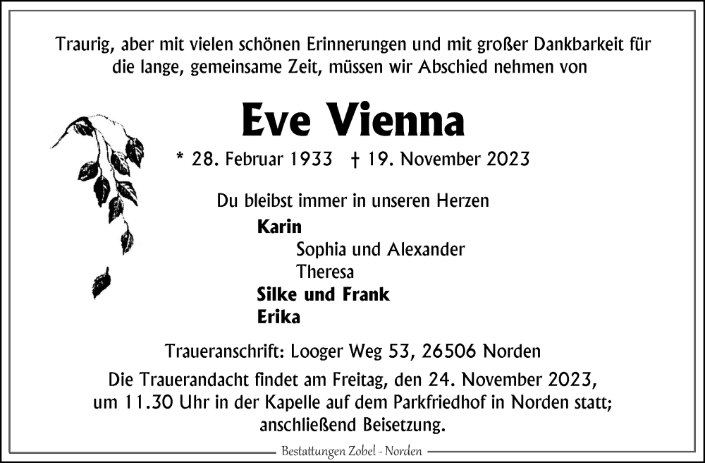  Traueranzeige für Eve Vienna vom 22.11.2023 aus Ostfriesischer Kurier
