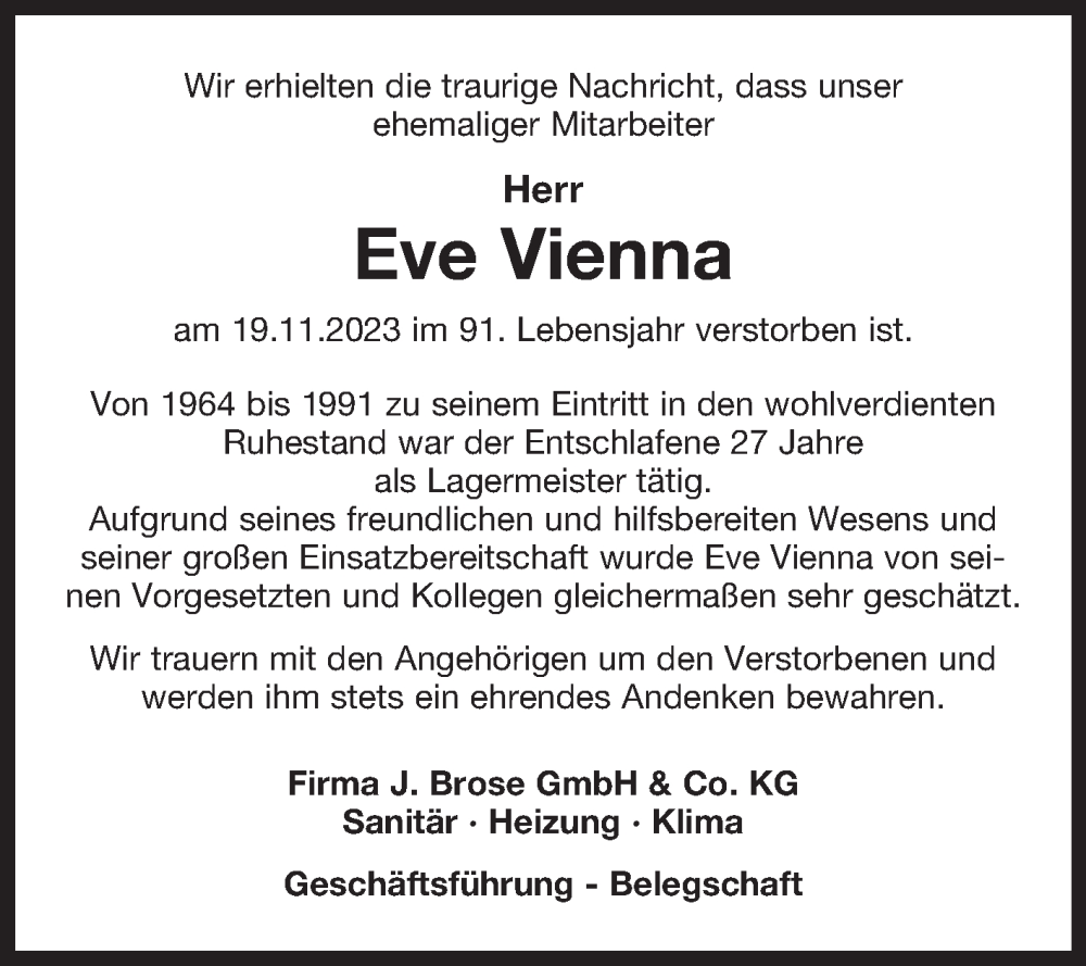  Traueranzeige für Eve Vienna vom 24.11.2023 aus Ostfriesischer Kurier
