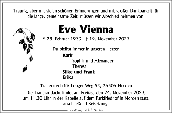 Traueranzeige von Eve Vienna von Ostfriesischer Kurier