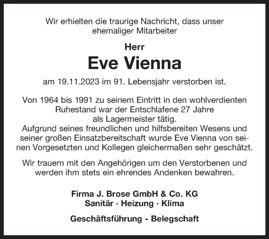 Traueranzeige von Eve Vienna von Ostfriesischer Kurier