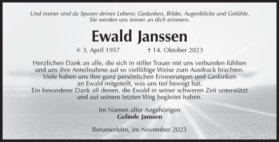 Traueranzeige von Ewald Janssen von Ostfriesischer Kurier