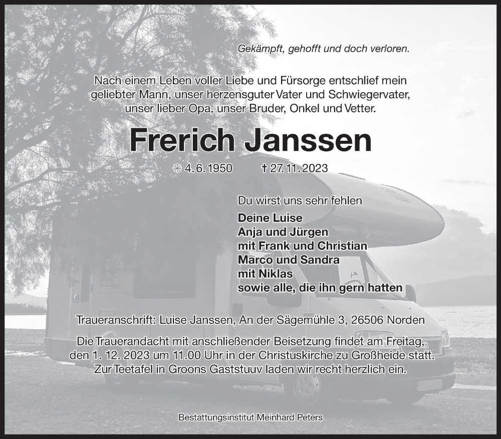  Traueranzeige für Frerich Janssen vom 30.11.2023 aus Ostfriesischer Kurier