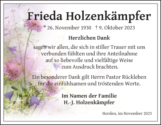 Traueranzeige von Frieda Holzenkämpfer von Ostfriesischer Kurier