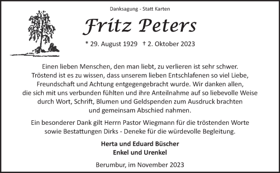 Traueranzeige von Fritz Peters von Ostfriesischer Kurier