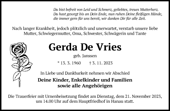 Traueranzeige von Gerda De Vries von Ostfriesischer Kurier