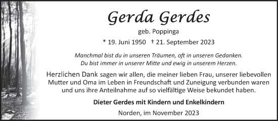 Traueranzeige von Gerda Gerdes von Ostfriesischer Kurier