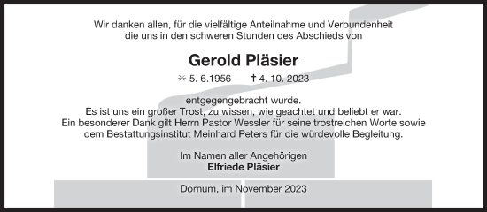 Traueranzeige von Gerold Pläsier von Ostfriesischer Kurier