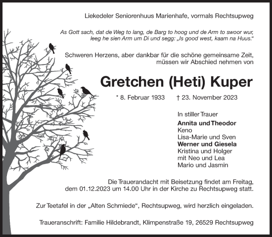 Traueranzeige von Gretchen  Kuper von Ostfriesischer Kurier