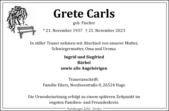 Traueranzeige von Grete Carls von Ostfriesischer Kurier