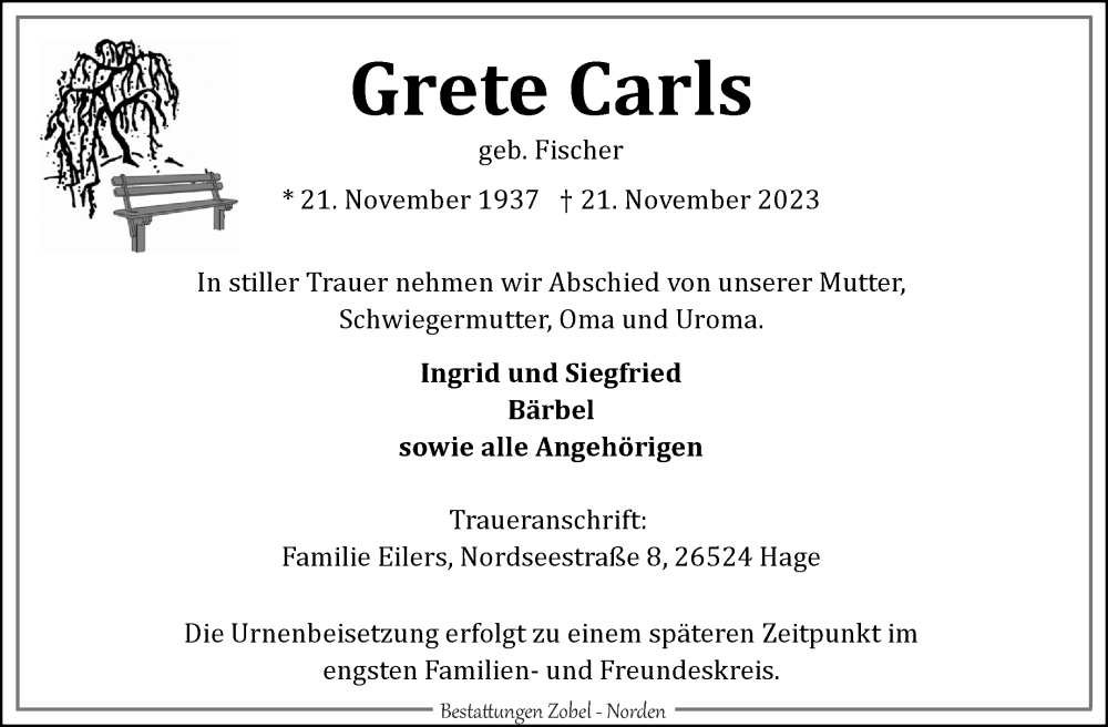  Traueranzeige für Grete Carls vom 25.11.2023 aus Ostfriesischer Kurier