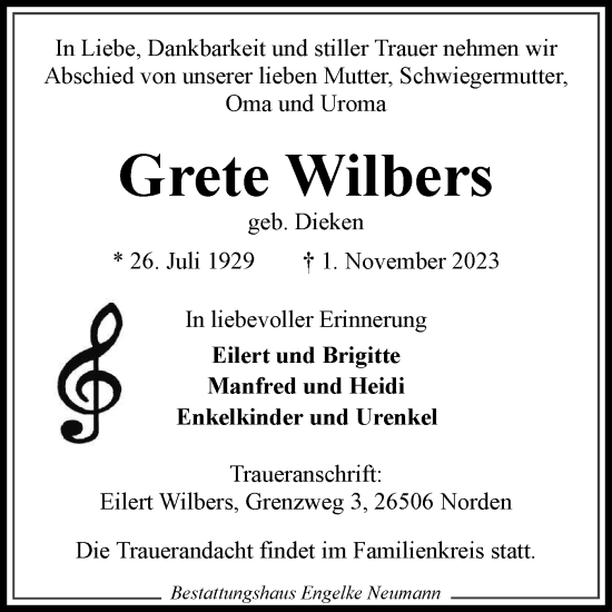 Traueranzeige von Grete Wilbers von Ostfriesischer Kurier