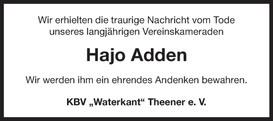 Traueranzeige von Hajo Adden von Ostfriesischer Kurier