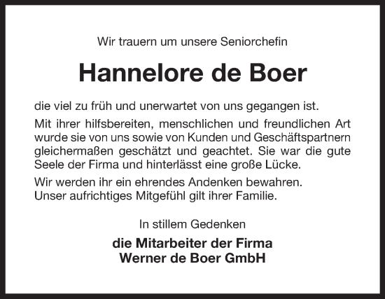 Traueranzeige von Hannelore de Boer von Ostfriesischer Kurier