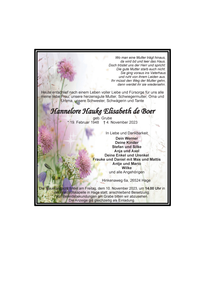  Traueranzeige für Hannelore Hauke Elisabeth de Boer vom 06.11.2023 aus Ostfriesischer Kurier