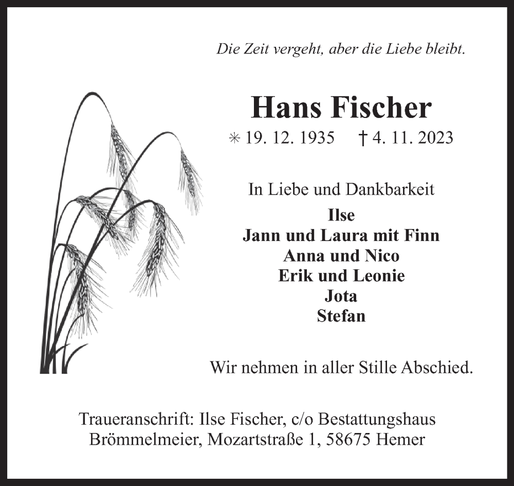  Traueranzeige für Hans Fischer vom 11.11.2023 aus Ostfriesischer Kurier