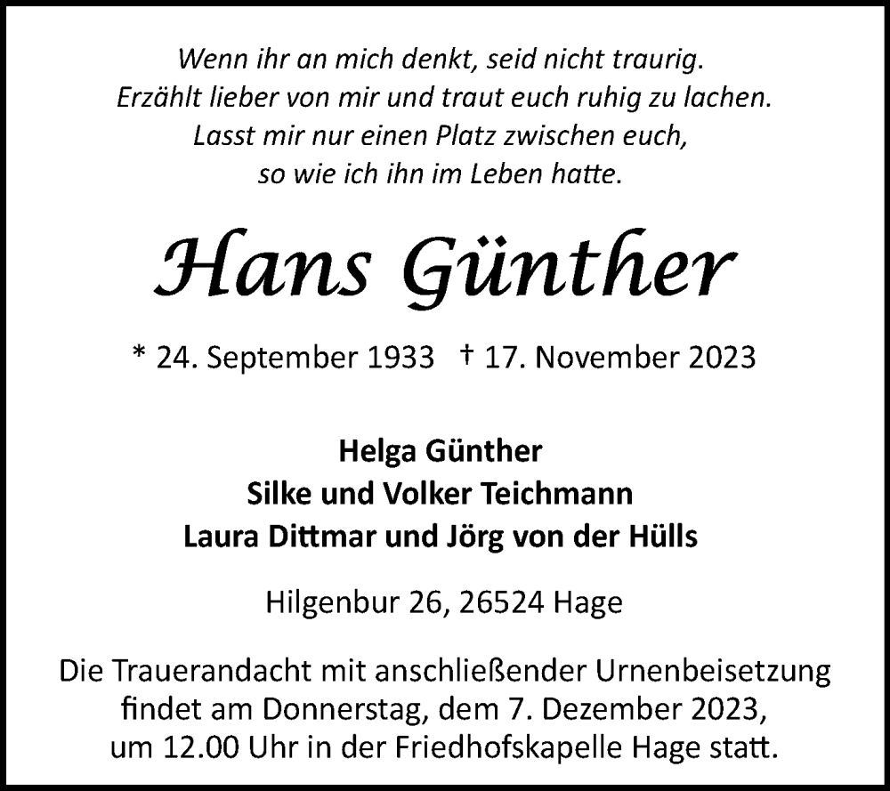  Traueranzeige für Hans Günther vom 25.11.2023 aus Ostfriesischer Kurier