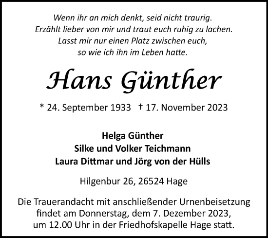 Traueranzeige von Hans Günther von Ostfriesischer Kurier