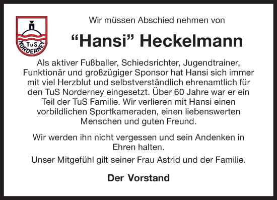 Traueranzeige von Hansi Heckelmann von Ostfriesischer Kurier