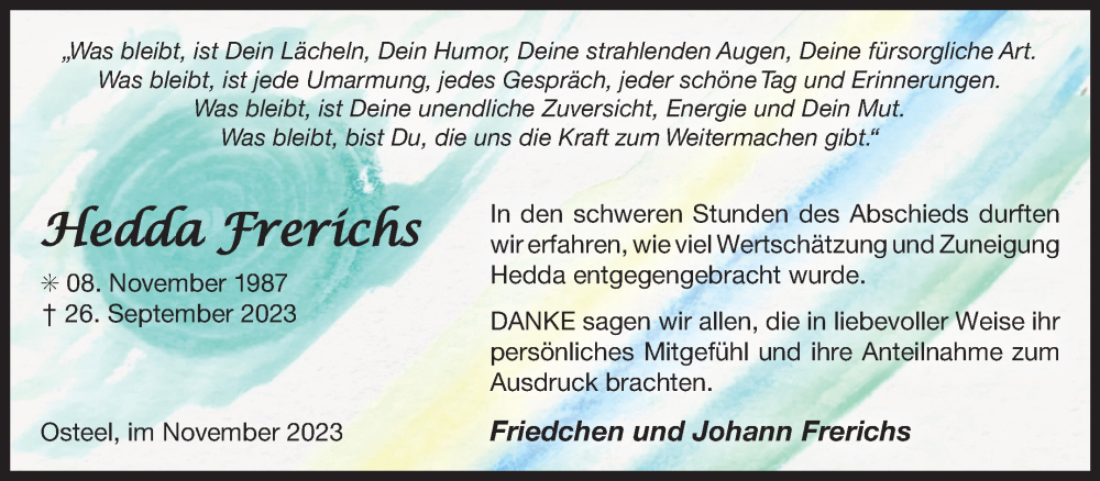  Traueranzeige für Hedda Frerichs vom 04.11.2023 aus Ostfriesischer Kurier