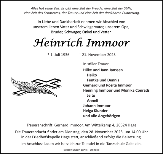 Traueranzeige von Heinrich Immoor von Ostfriesischer Kurier