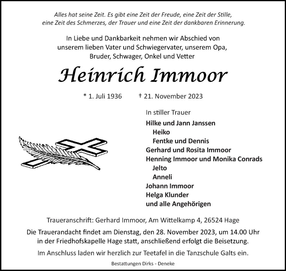  Traueranzeige für Heinrich Immoor vom 24.11.2023 aus Ostfriesischer Kurier