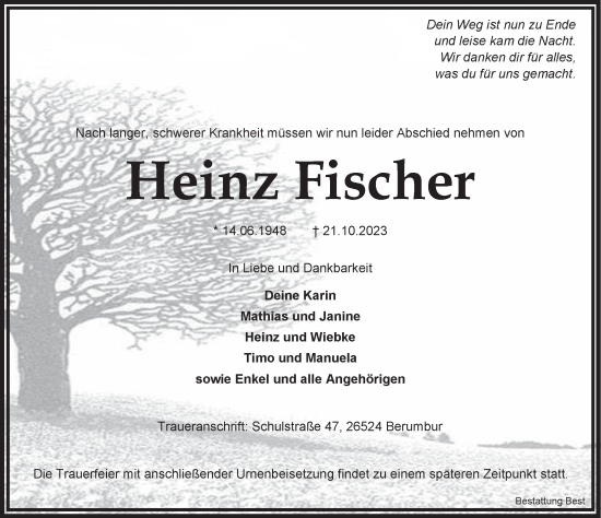 Traueranzeige von Heinz Fischer von Ostfriesischer Kurier