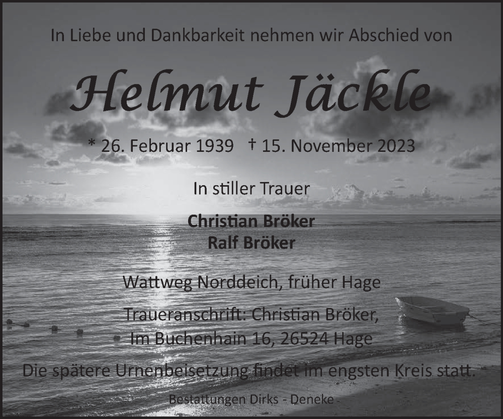  Traueranzeige für Helmut Jäckle vom 18.11.2023 aus Ostfriesischer Kurier