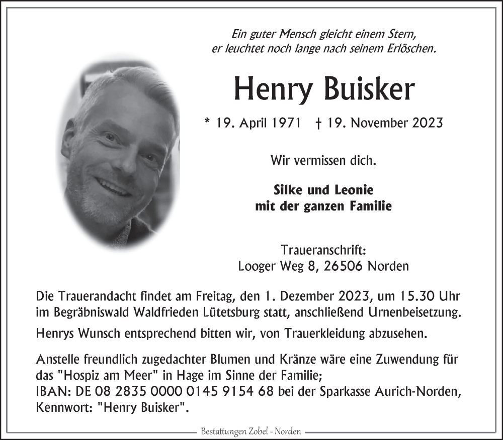  Traueranzeige für Henry Buisker vom 25.11.2023 aus Ostfriesischer Kurier