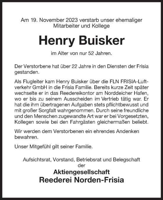 Traueranzeige von Henry Buisker von Ostfriesischer Kurier