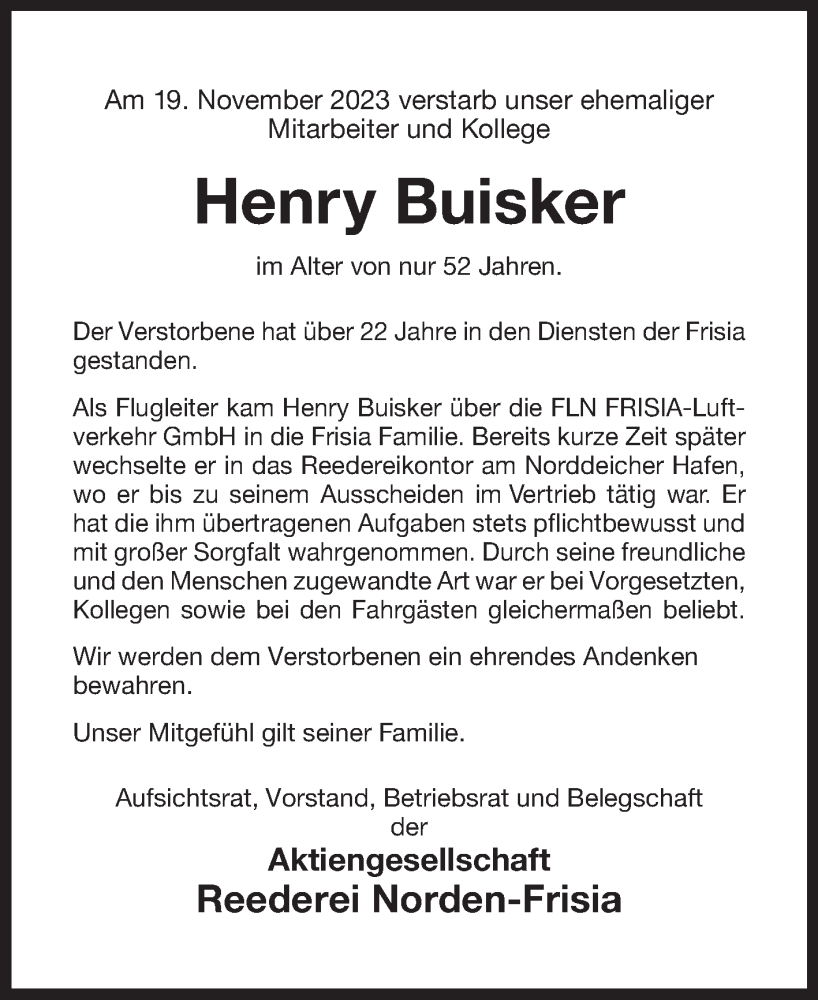  Traueranzeige für Henry Buisker vom 25.11.2023 aus Ostfriesischer Kurier
