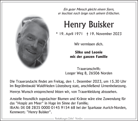 Traueranzeige von Henry Buisker von Ostfriesischer Kurier