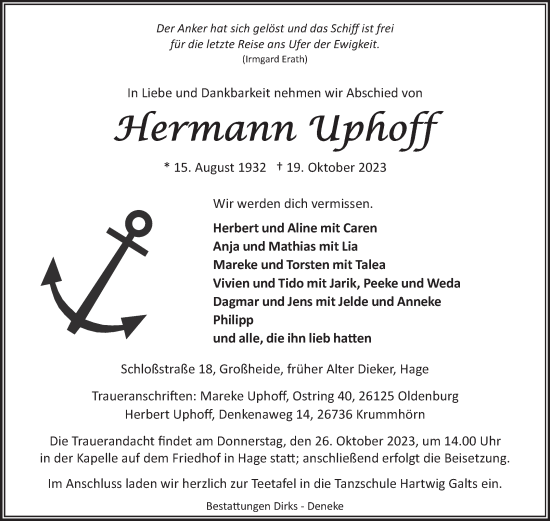 Traueranzeige von Hermann Uphoff von Ostfriesischer Kurier