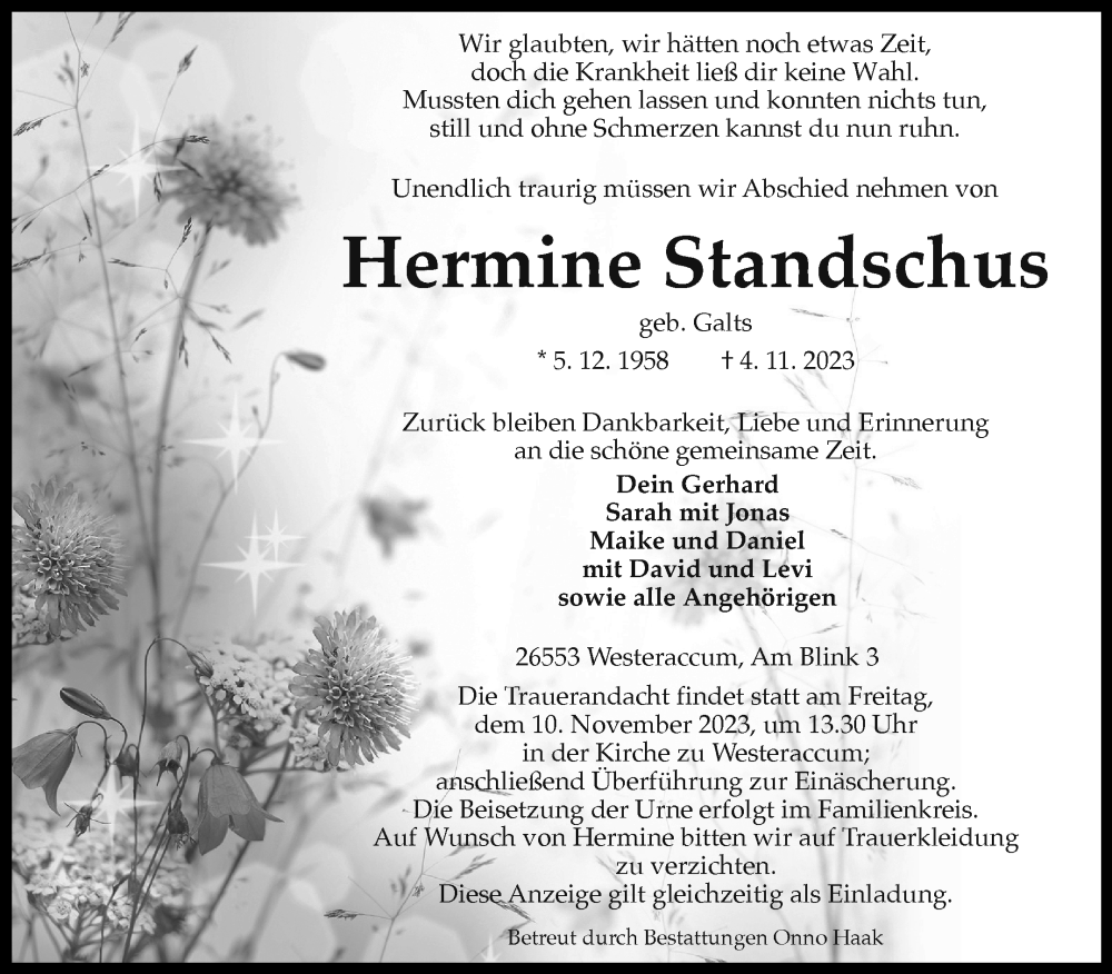  Traueranzeige für Hermine Standschus vom 07.11.2023 aus Ostfriesischer Kurier
