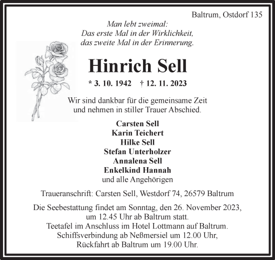 Traueranzeige von Hinrich Sell von Ostfriesischer Kurier