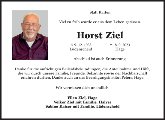 Traueranzeige von Horst Ziel von Ostfriesischer Kurier