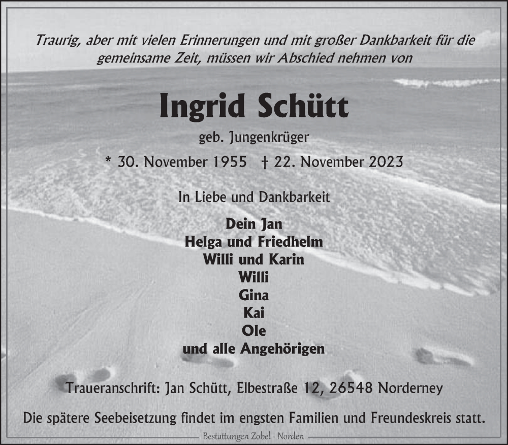  Traueranzeige für Ingrid Schütt vom 30.11.2023 aus Ostfriesischer Kurier