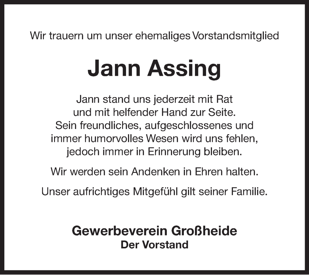  Traueranzeige für Jann Assing vom 27.11.2023 aus Ostfriesischer Kurier