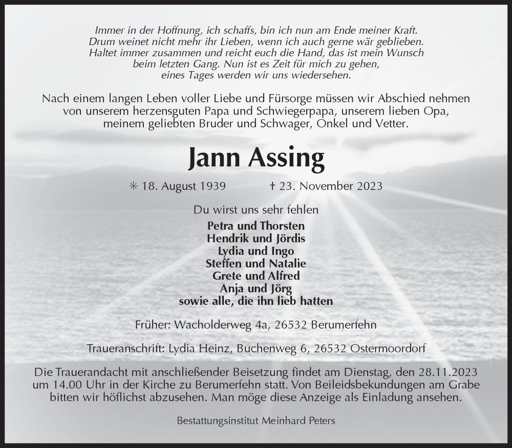  Traueranzeige für Jann Assing vom 25.11.2023 aus Ostfriesischer Kurier