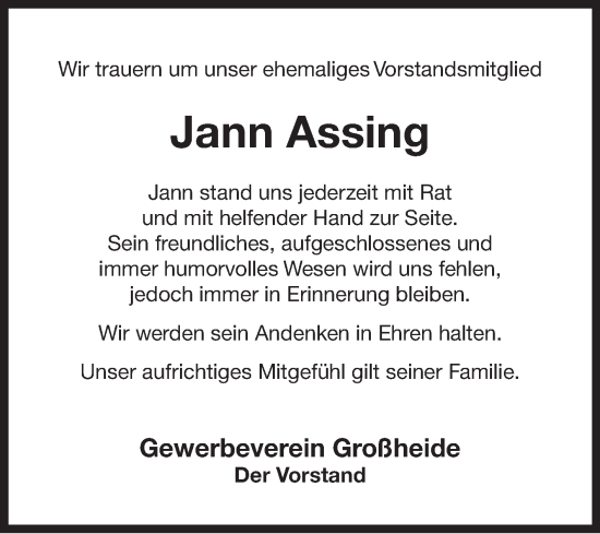 Traueranzeige von Jann Assing von Ostfriesischer Kurier