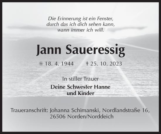 Traueranzeige von Jann Saueressig von Ostfriesischer Kurier