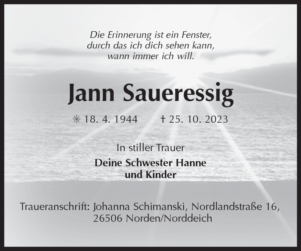  Traueranzeige für Jann Saueressig vom 04.11.2023 aus Ostfriesischer Kurier