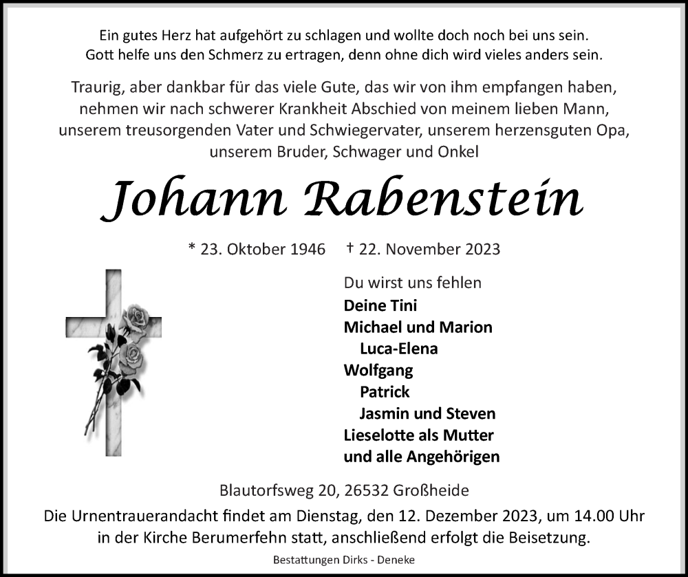  Traueranzeige für Johann Rabenstein vom 24.11.2023 aus Ostfriesischer Kurier