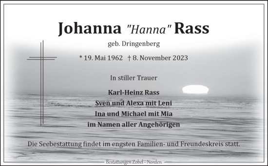 Traueranzeige von Johanna Rass von Ostfriesischer Kurier