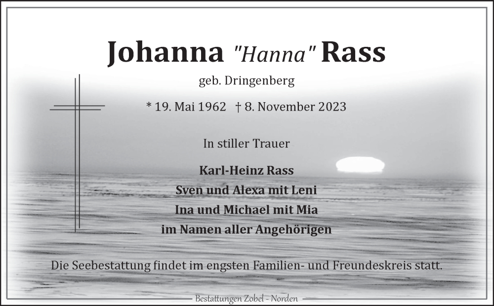  Traueranzeige für Johanna Rass vom 13.11.2023 aus Ostfriesischer Kurier