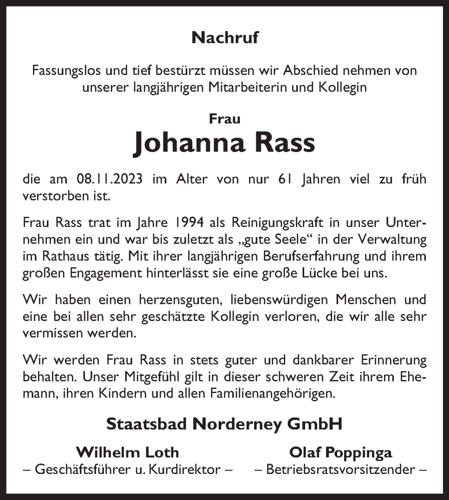  Traueranzeige für Johanna Rass vom 15.11.2023 aus Ostfriesischer Kurier