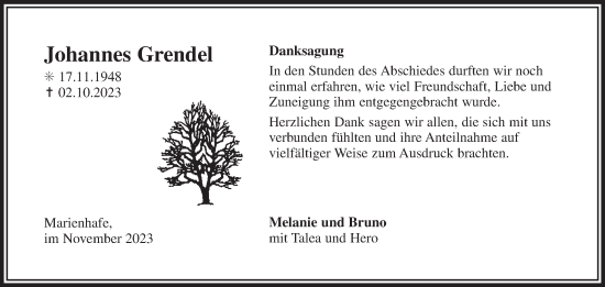 Traueranzeige von Johannes Grendel von Ostfriesischer Kurier