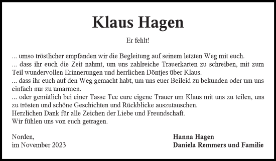 Traueranzeige von Klaus Hagen von Ostfriesischer Kurier